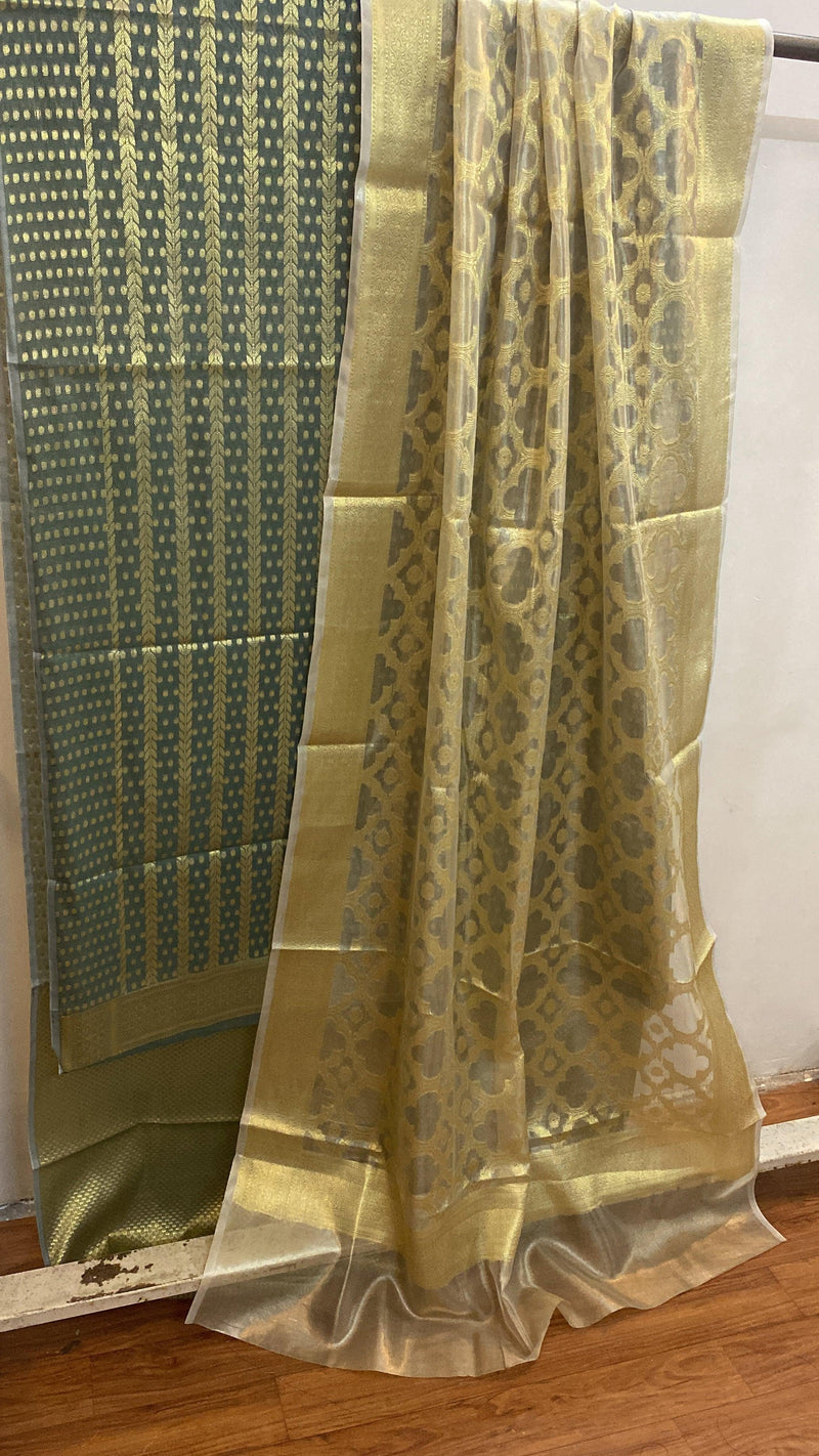 Green Banarasi cotton handloom 3 pcs suit set with Tissue Dupatta