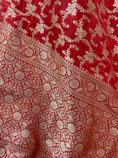 Red Pure Silk Banarasi Saree with Floral Jaal by Shades Of Benares - banarasi - banarasi saree shop - banarasi saree manufacturers - banarasi saree wholesale - banaraasi sarees
