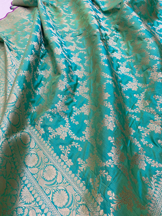 Sea Green Pure Silk Banarasi Saree with Floral Jaal by Shades Of Benares - banarasi - banarasi saree shop - banarasi saree manufacturers - banarasi saree wholesale - banaraasi sarees