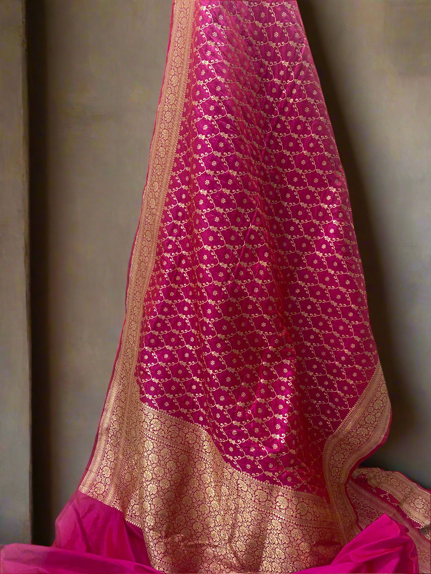 Rani Pink Pure Silk Banarasi Saree with Floral Jaal by Shades Of Benares - banarasi - banarasi saree shop - banarasi saree manufacturers - banarasi saree wholesale - banaraasi sarees