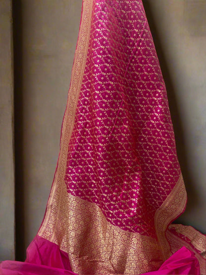 Rani Pink Pure Silk Banarasi Saree with Floral Jaal by Shades Of Benares - banarasi - banarasi saree shop - banarasi saree manufacturers - banarasi saree wholesale - banaraasi sarees