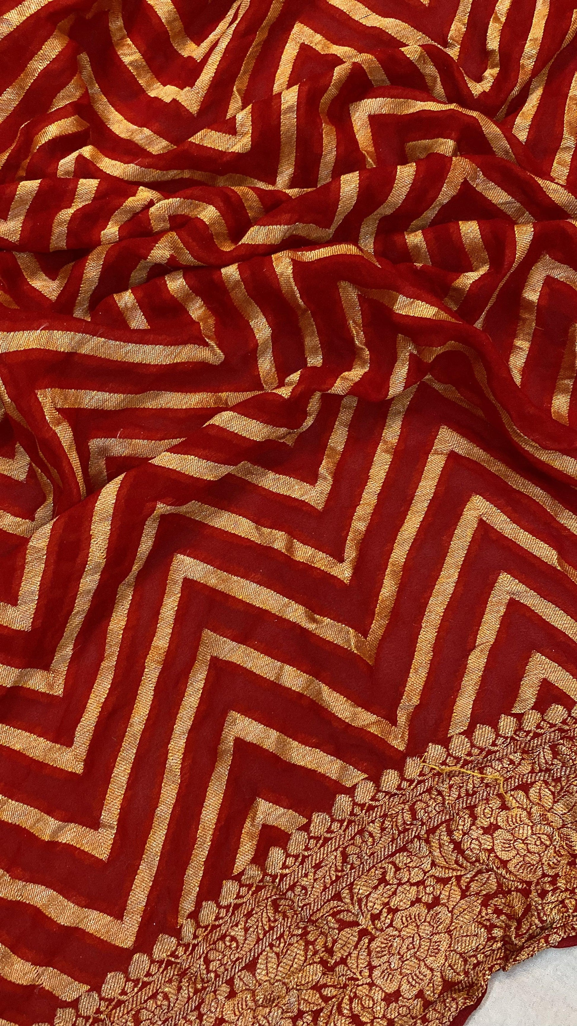 Red Pure Khaddi Georgette Banarasi Sari by Shades Of Benares - banarasi - banarasi saree shop