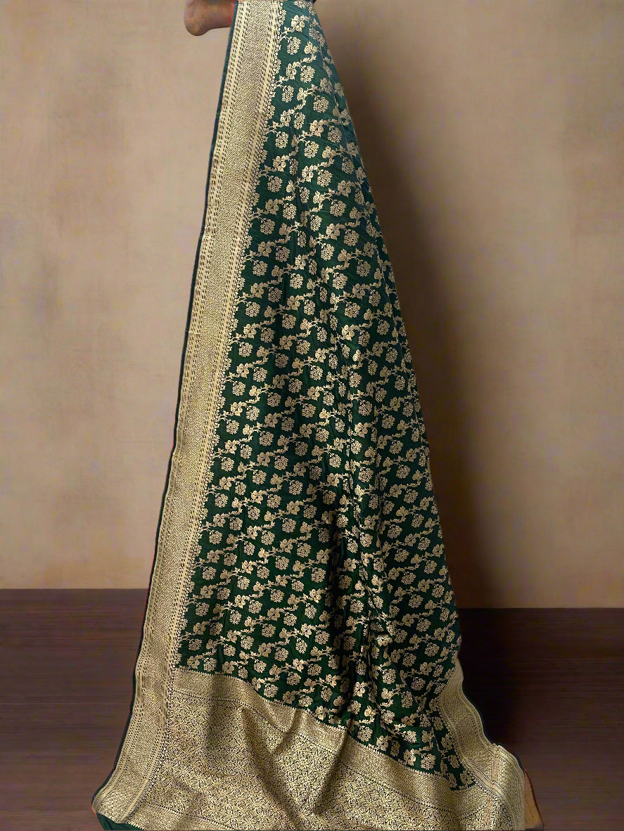 Bottle Green Silk Banarasi Saree with Floral Jaal by Shades Of Benares - banarasi - banarasi saree shop - banarasi saree manufacturers - banarasi saree wholesale - banaraasi sarees