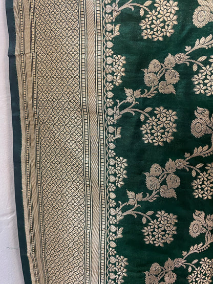 Bottle Green Silk Banarasi Saree with Floral Jaal by Shades Of Benares - banarasi - banarasi saree shop - banarasi saree manufacturers - banarasi saree wholesale - banaraasi sarees