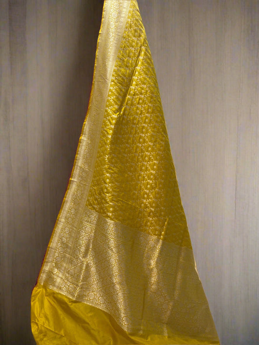 Yellow Silk Banarasi Saree with Floral Jaal by Shades Of Benares - banarasi - banarasi saree shop - banarasi saree manufacturers - banarasi saree wholesale - banaraasi sarees