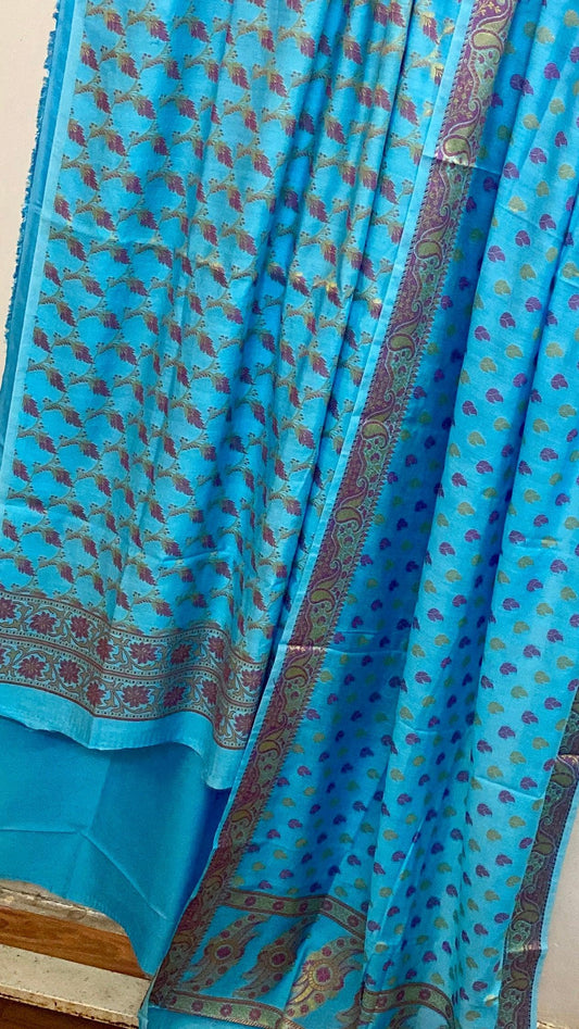 Blue Banarasi cotton silk handloom 3 pcs suit set by Shades Of Benares - banarasi - banarasi saree shop