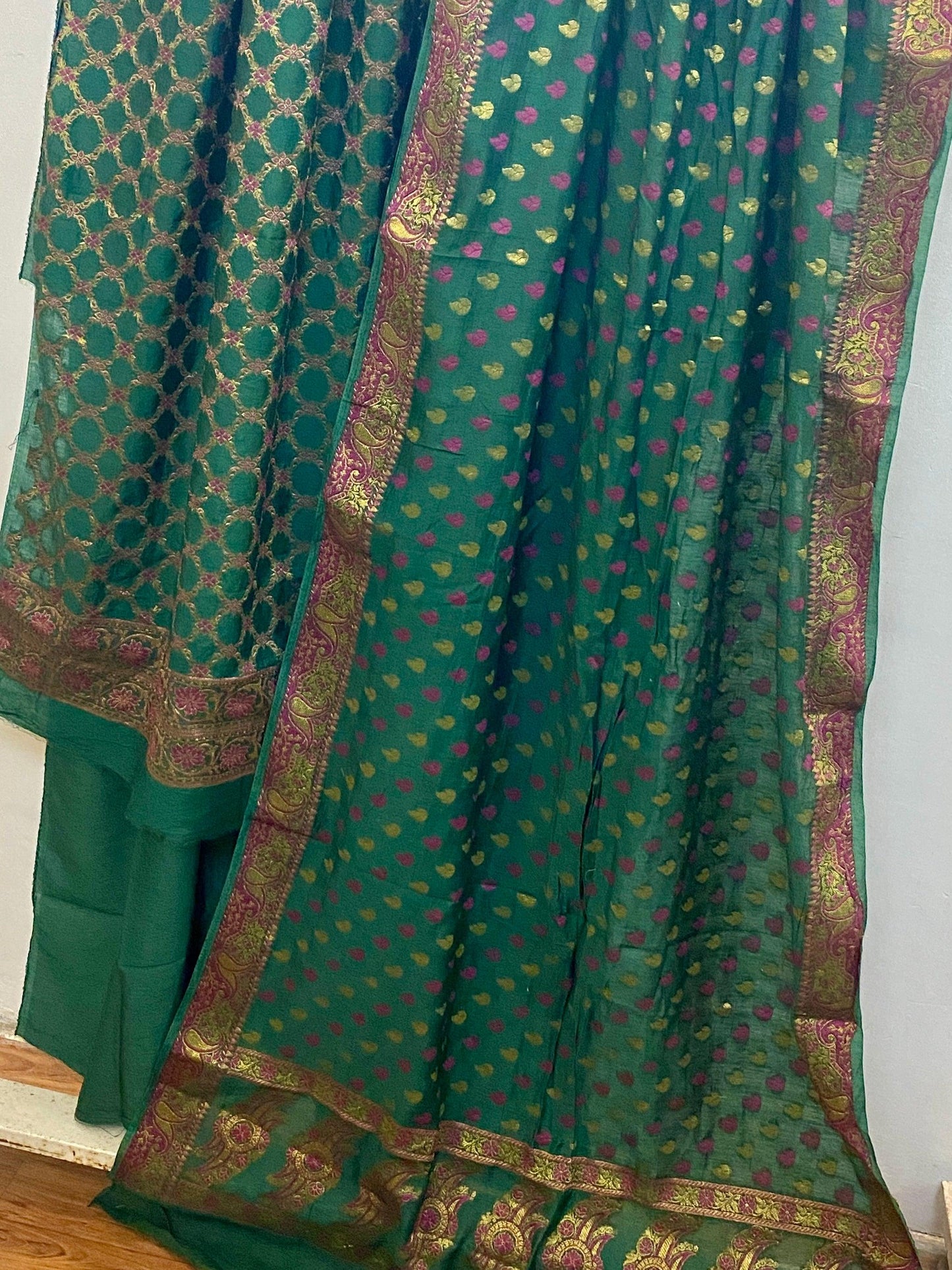 Green Banarasi cotton silk handloom 3 pcs suit set by Shades Of Benares - banarasi - banarasi saree shop