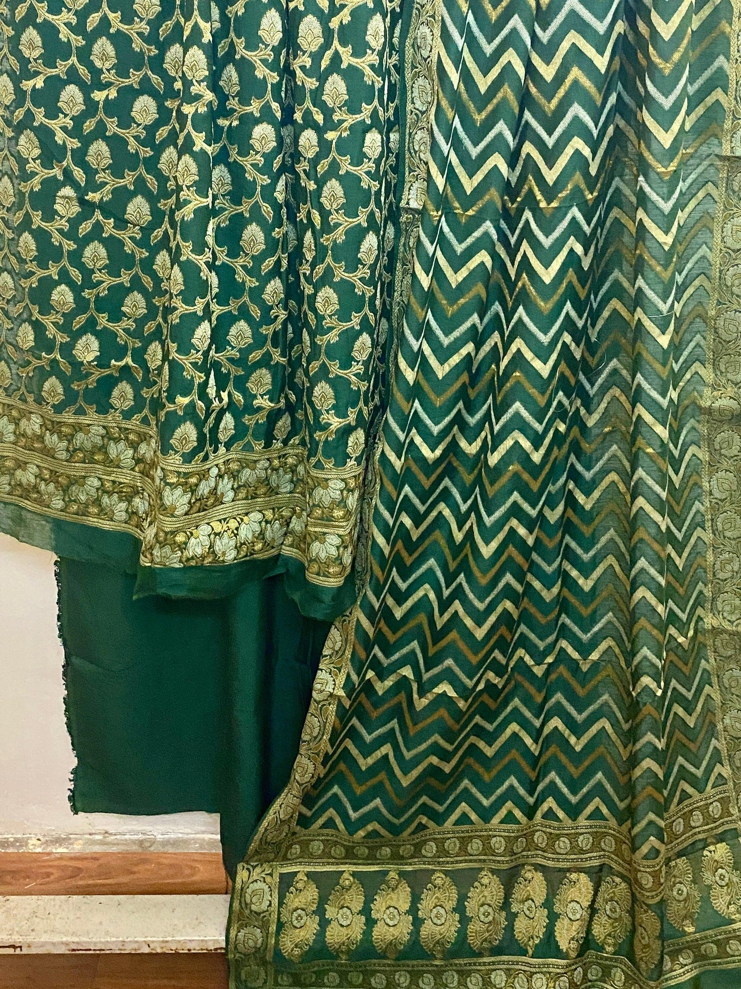 Green Banarasi cotton silk handloom 3 pcs suit set by Shades Of Benares - banarasi - banarasi saree shop