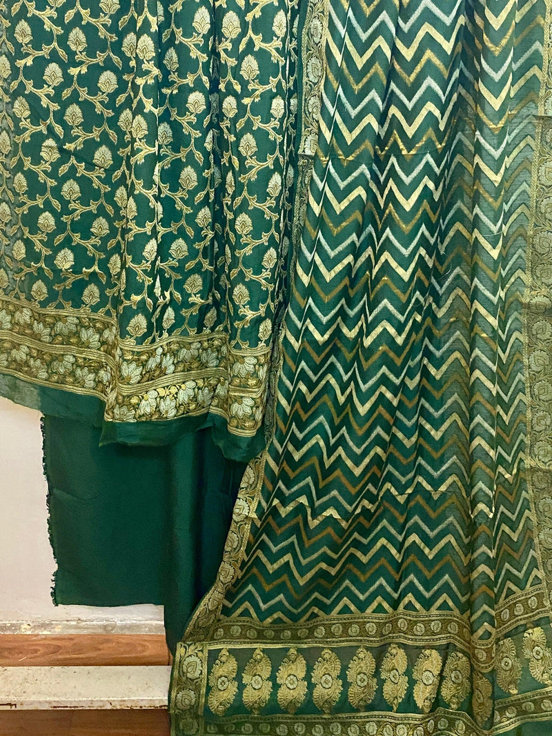 Green Banarasi cotton silk handloom 3 pcs suit set