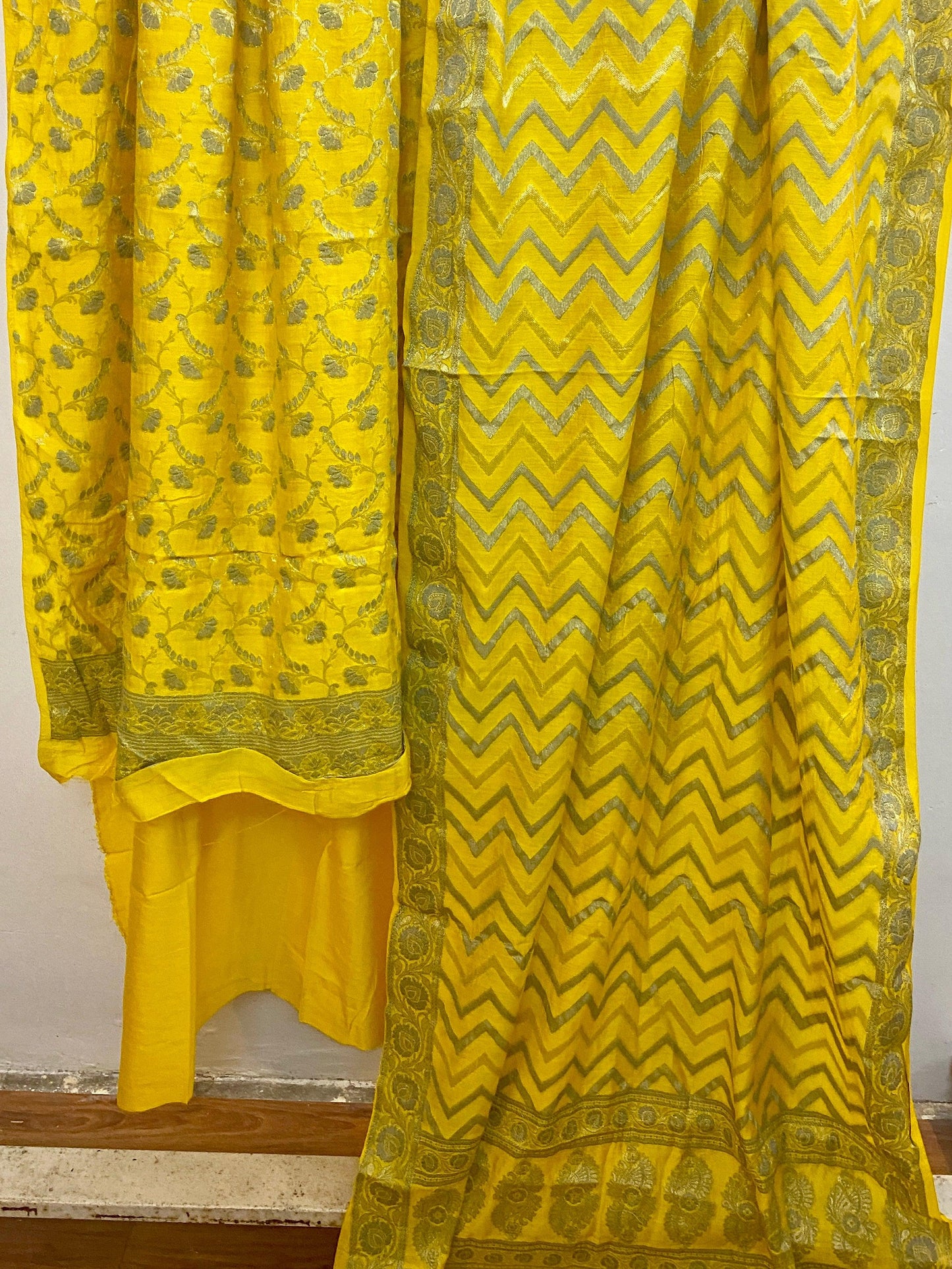 Yellow Banarasi cotton silk handloom 3 pcs suit set by Shades Of Benares - banarasi - banarasi saree shop