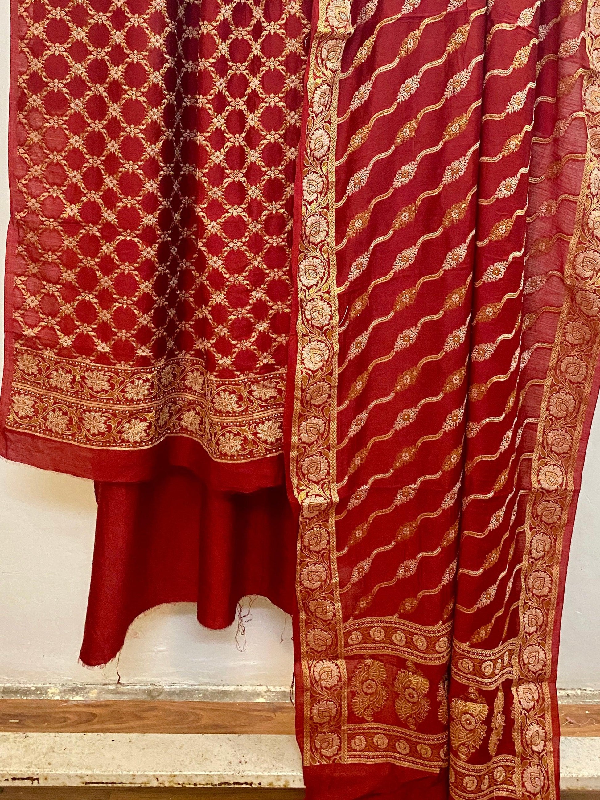 Red Banarasi cotton silk handloom 3 pcs suit set by Shades Of Benares - banarasi - banarasi saree shop