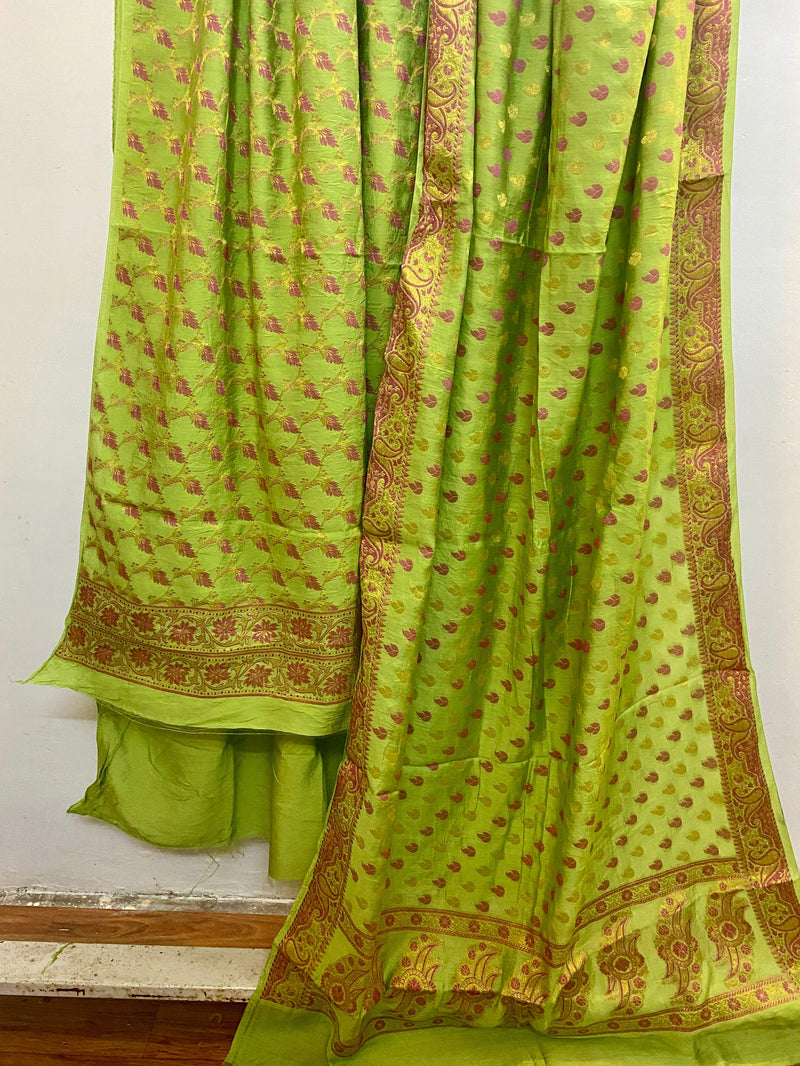 Green Banarasi cotton silk handloom 3 pcs suit set by Shades Of Benares - banarasi - banarasi saree shop