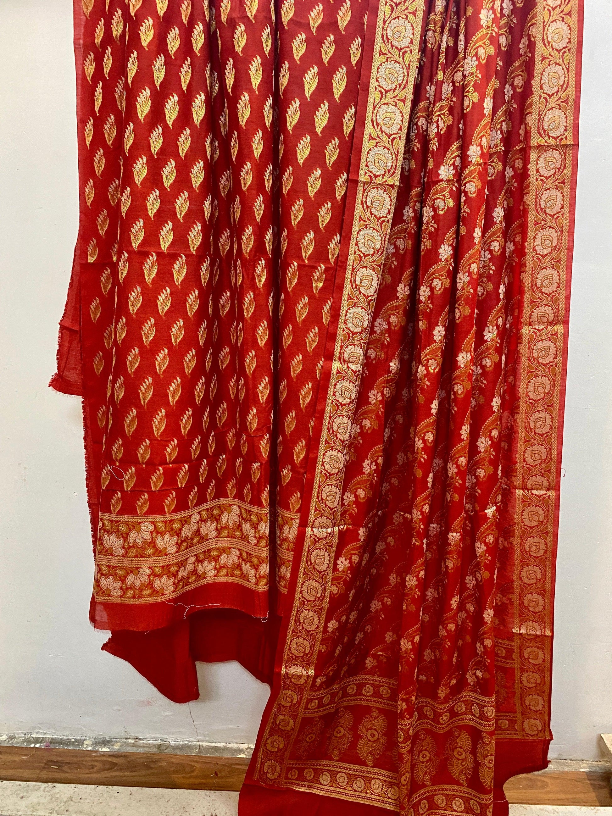 Red Banarasi cotton silk handloom 3 pcs suit set by Shades Of Benares - banarasi - banarasi saree shop