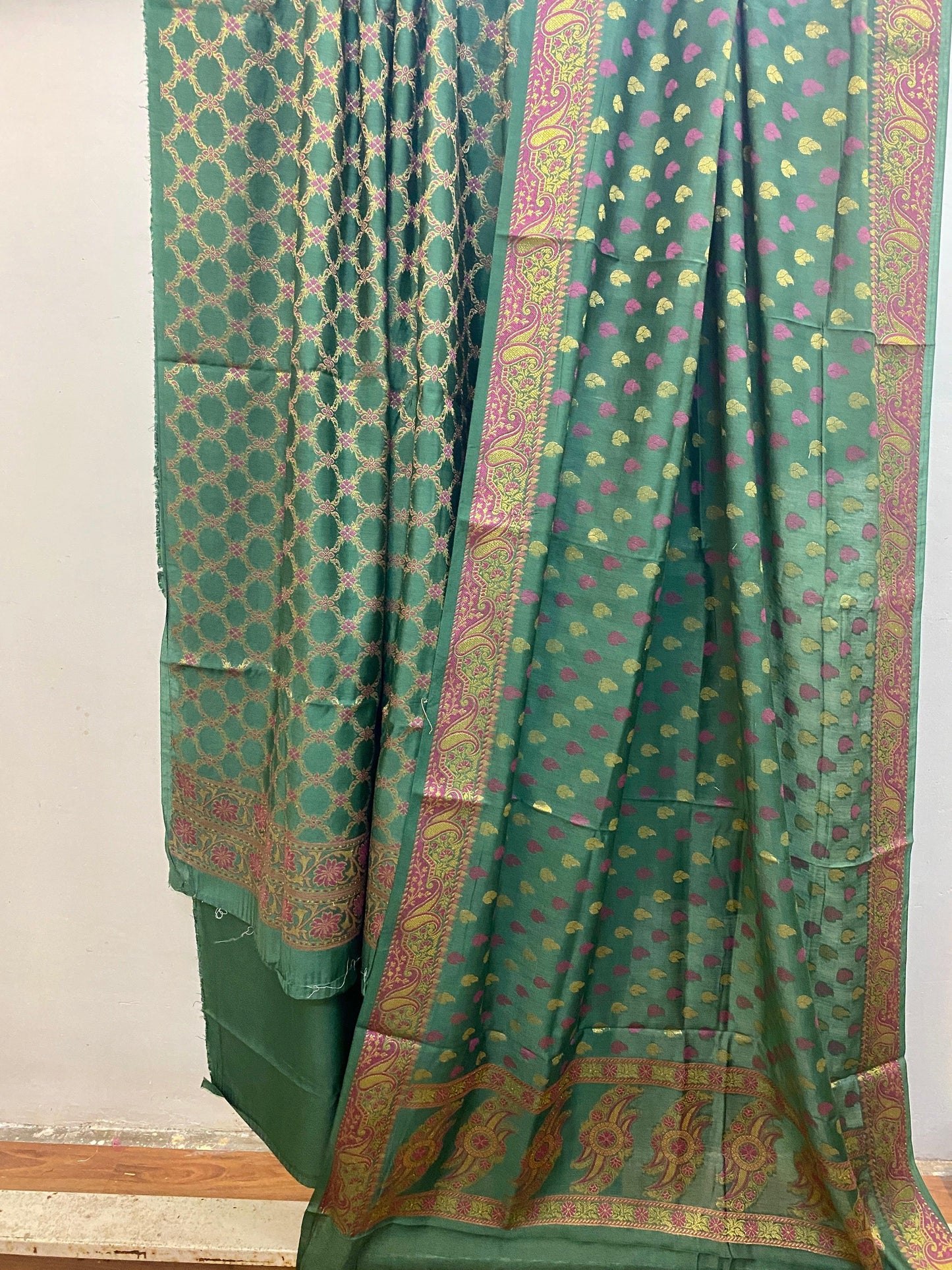 Green Banarasi cotton silk handloom 3 pcs suit set by Shades Of Benares - banarasi - banarasi saree shop