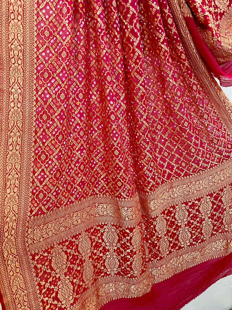 Pink & Red Pure Khaddi Georgette Bandhani Dupatta