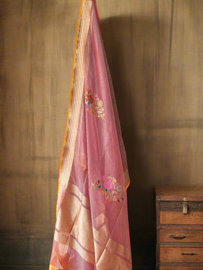 Pink Pure Tissue Silk Banarasi Saree with Kaadhwa Minakari Flowers by Shades Of Benares - banarasi - banarasi saree shop - banarasi saree manufacturers - banarasi saree wholesale - banaraasi sarees