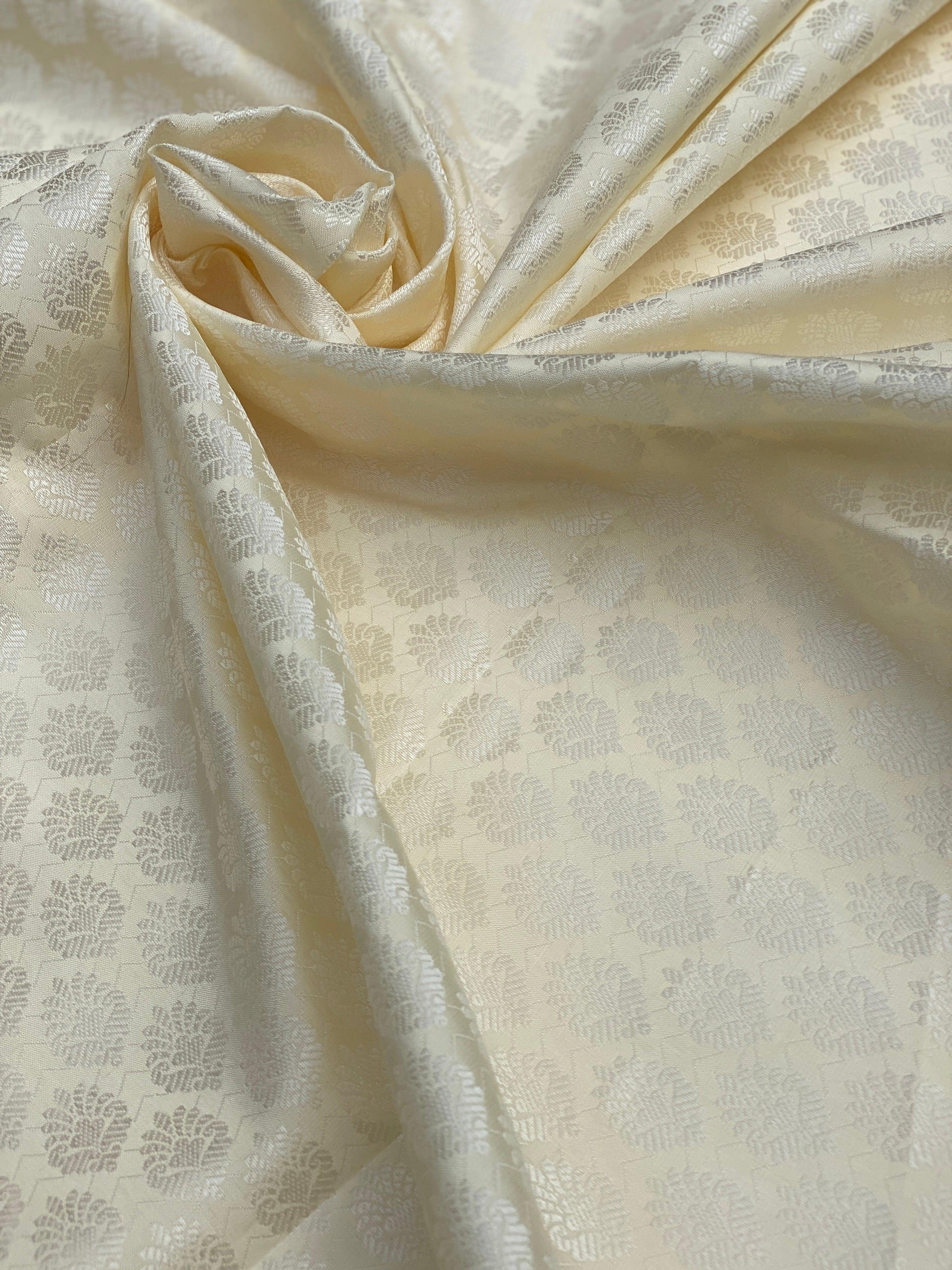 Off White Silk Brocade Banarasi Handloom Fabric by Shades Of Benares - banarasi - banarasi saree shop