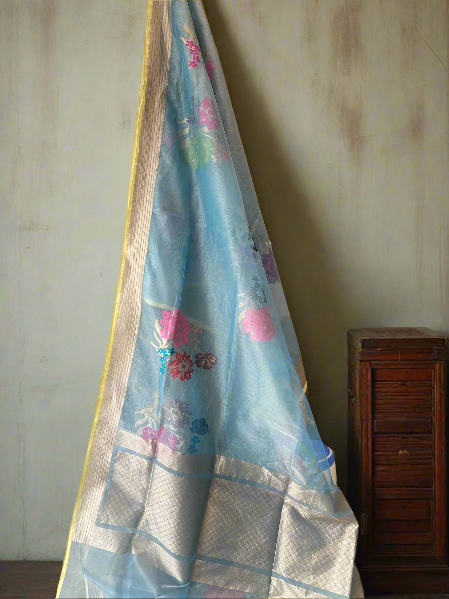 Light Blue Tissue Silk Banarasi Saree with Kadhwa Minakari Motifs by Shades Of Benares - banarasi - banarasi saree shop - banarasi saree manufacturers - banarasi saree wholesale - banaraasi sarees
