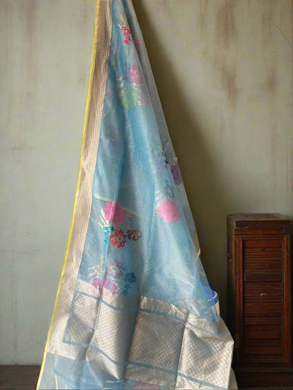 Light Blue Tissue Silk Banarasi Saree with Kadhwa Minakari Motifs by Shades Of Benares - banarasi - banarasi saree shop - banarasi saree manufacturers - banarasi saree wholesale - banaraasi sarees