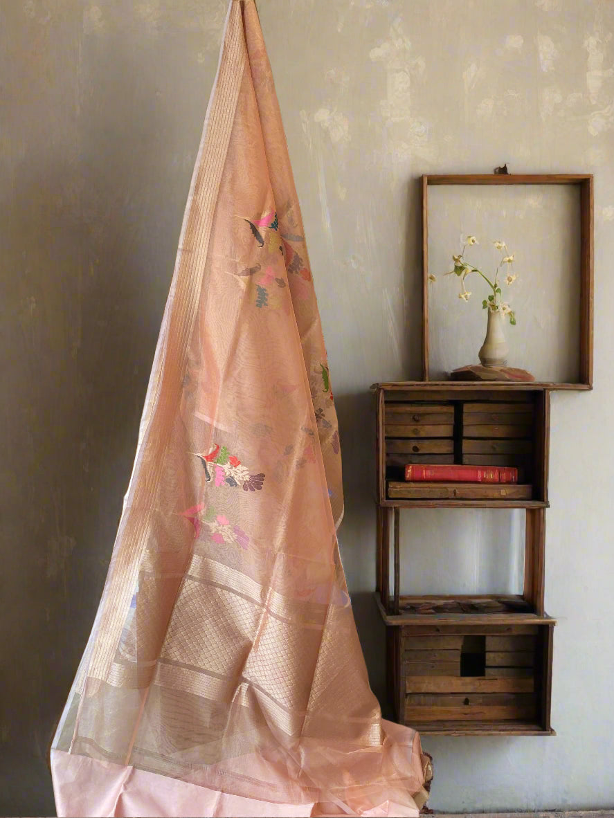 Peach Tissue Silk Banarasi Saree with Kadhwa Minakari Motifs by Shades Of Benares - banarasi - banarasi saree shop - banarasi saree manufacturers - banarasi saree wholesale - banaraasi sarees