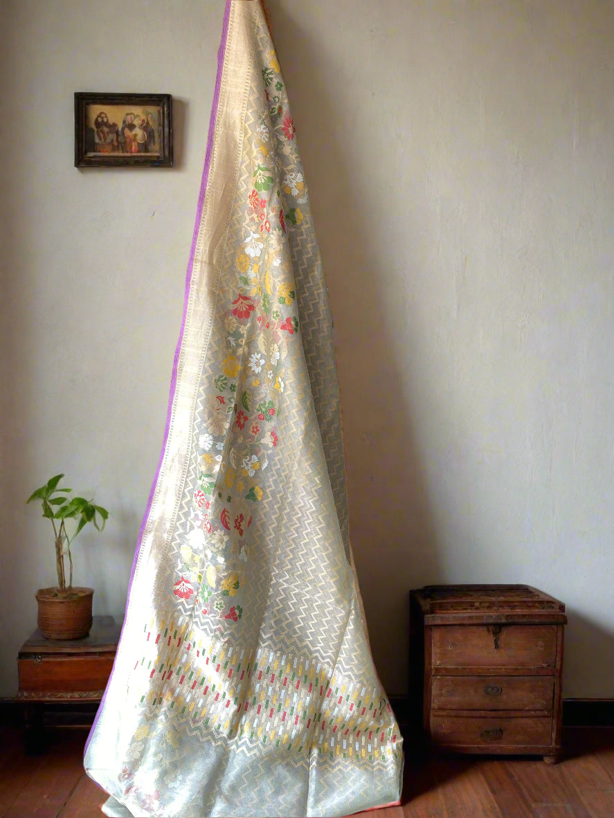 Light Grey Tissue Silk Banarasi Saree with Kadhwa Minakari & Zari Stripes by Shades Of Benares - banarasi - banarasi saree shop - banarasi saree manufacturers - banarasi saree wholesale - banaraasi sarees