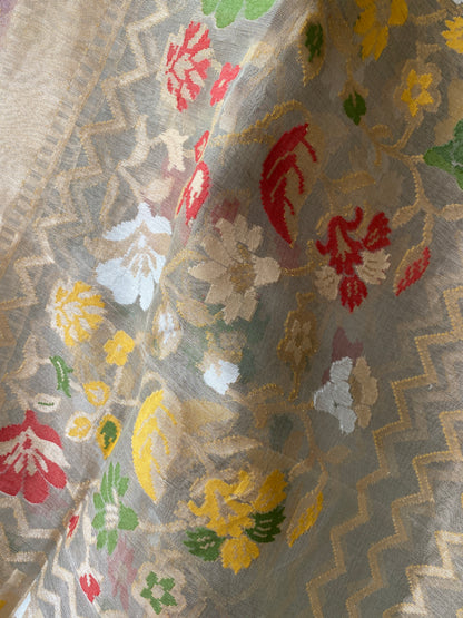 Light Grey Tissue Silk Banarasi Saree with Kadhwa Minakari & Zari Stripes by Shades Of Benares - banarasi - banarasi saree shop - banarasi saree manufacturers - banarasi saree wholesale - banaraasi sarees