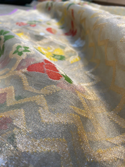 Light Grey Tissue Silk Banarasi Saree with Kadhwa Minakari & Zari Stripes by Shades Of Benares - banarasi - banarasi saree shop - banarasi saree manufacturers - banarasi saree wholesale - banaraasi sarees