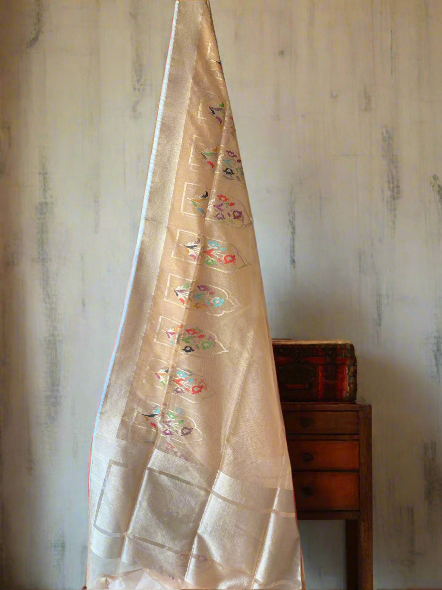 Peach Tissue Silk Banarasi Saree with Kadhwa Minakari in Temple Border by Shades Of Benares - banarasi - banarasi saree shop - banarasi saree manufacturers - banarasi saree wholesale - banaraasi sarees