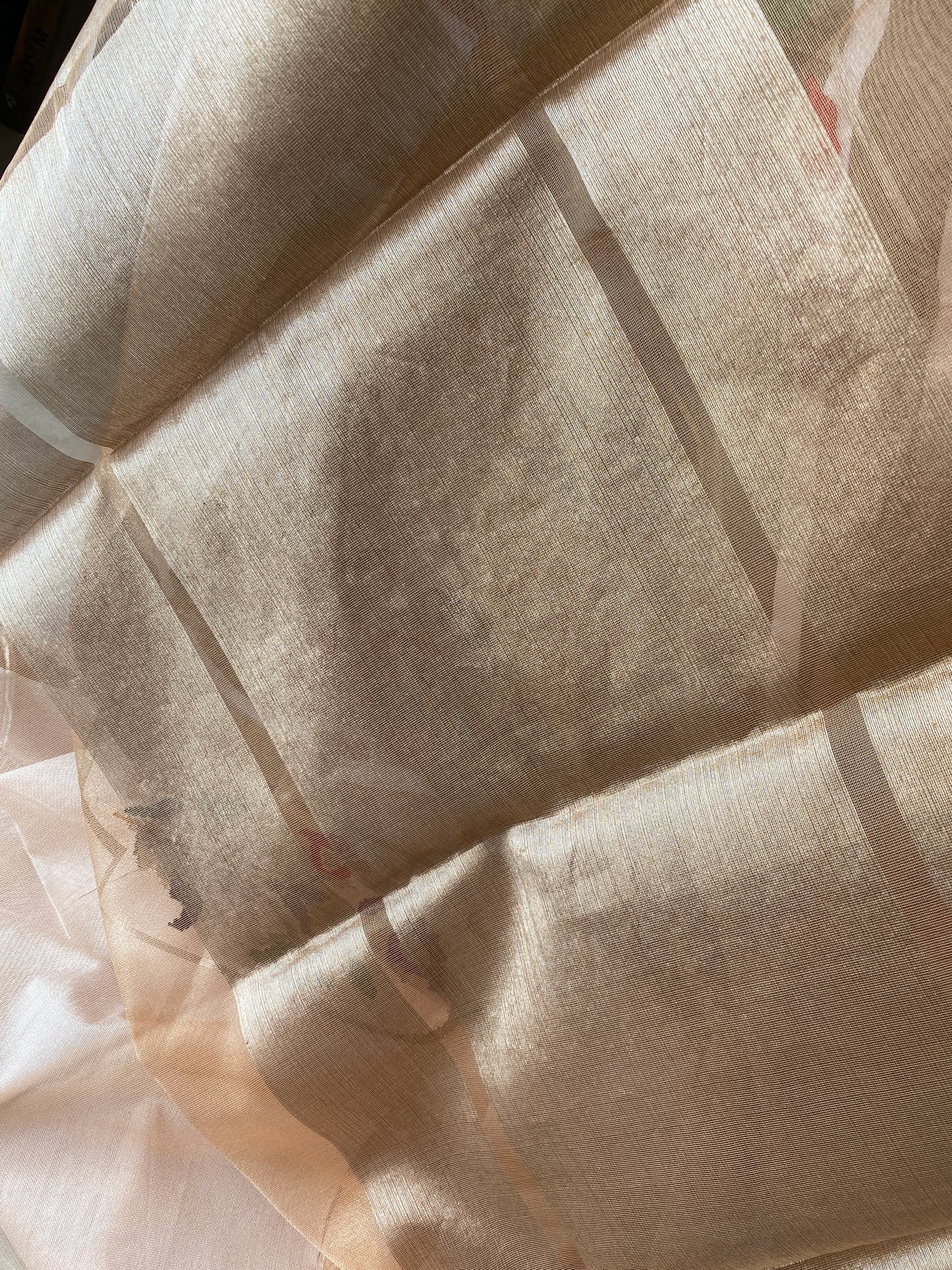 Peach Tissue Silk Banarasi Saree with Kadhwa Minakari in Temple Border by Shades Of Benares - banarasi - banarasi saree shop - banarasi saree manufacturers - banarasi saree wholesale - banaraasi sarees