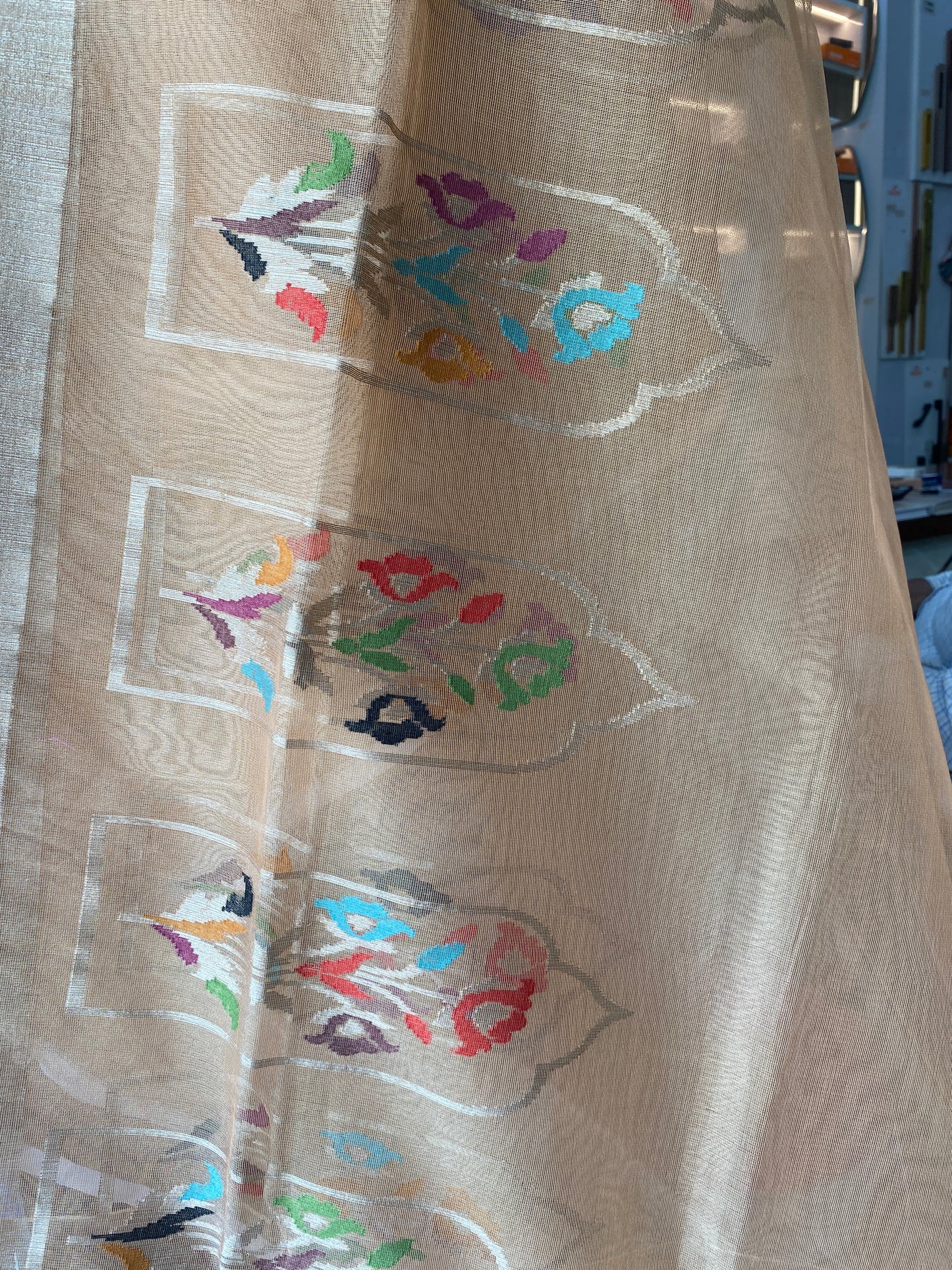 Peach Tissue Silk Banarasi Saree with Kadhwa Minakari in Temple Border by Shades Of Benares - banarasi - banarasi saree shop - banarasi saree manufacturers - banarasi saree wholesale - banaraasi sarees