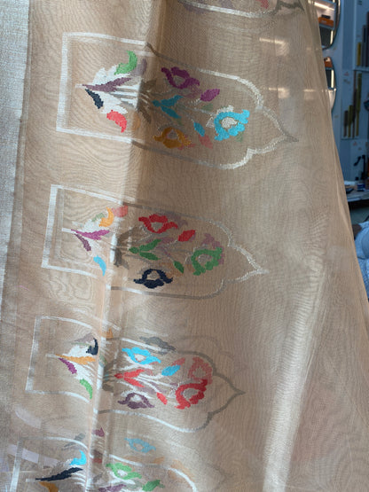 Peach Tissue Silk Banarasi Saree with Kadhwa Minakari in Temple Border by Shades Of Benares - banarasi - banarasi saree shop - banarasi saree manufacturers - banarasi saree wholesale - banaraasi sarees