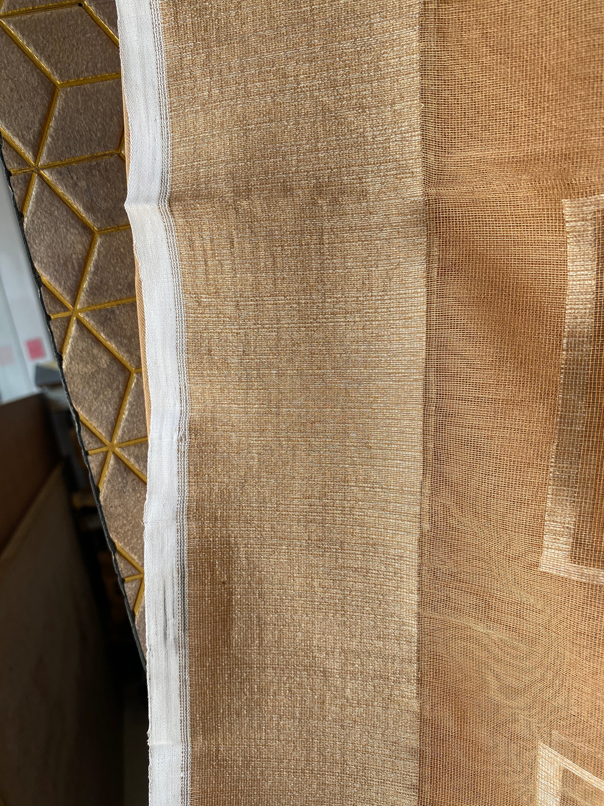 Peach Tissue Silk Banarasi Saree with Kadhwa Minakari in Temple Border by Shades Of Benares - banarasi - banarasi saree shop - banarasi saree manufacturers - banarasi saree wholesale - banaraasi sarees