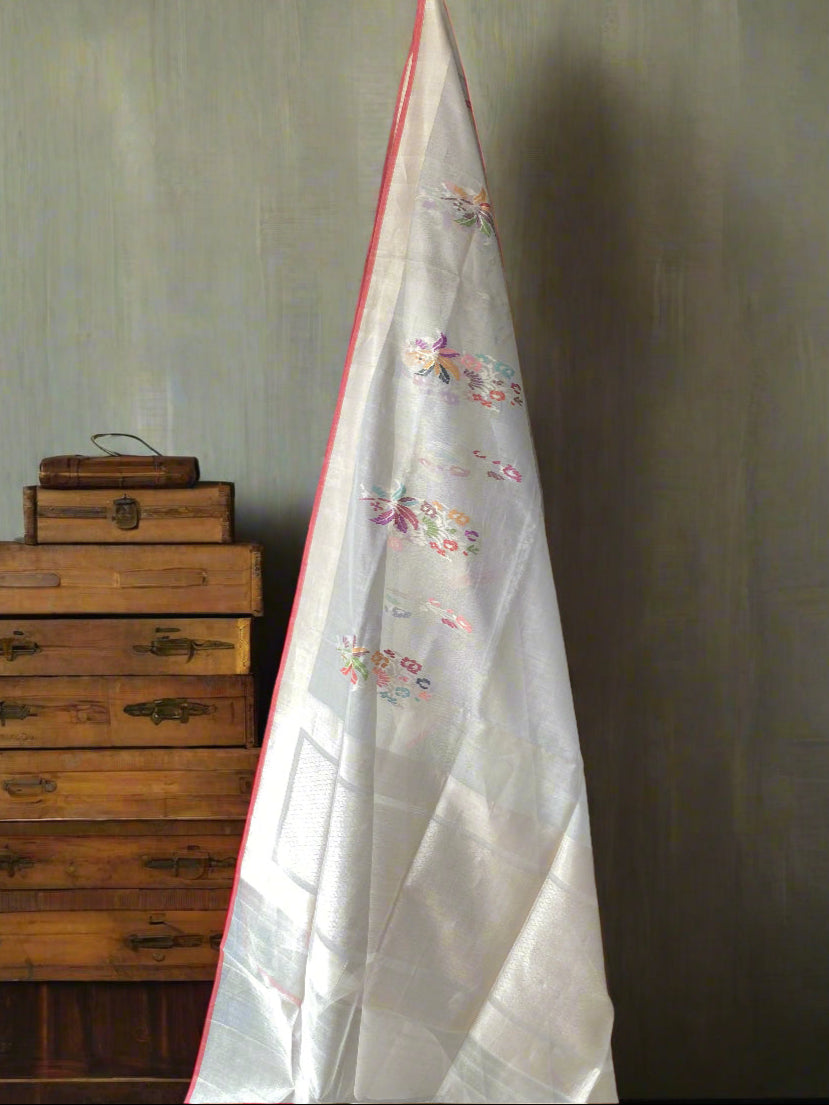 Grey Tissue Silk Banarasi Saree with Kadhwa Minakari Motifs by Shades Of Benares - banarasi - banarasi saree shop - banarasi saree manufacturers - banarasi saree wholesale - banaraasi sarees