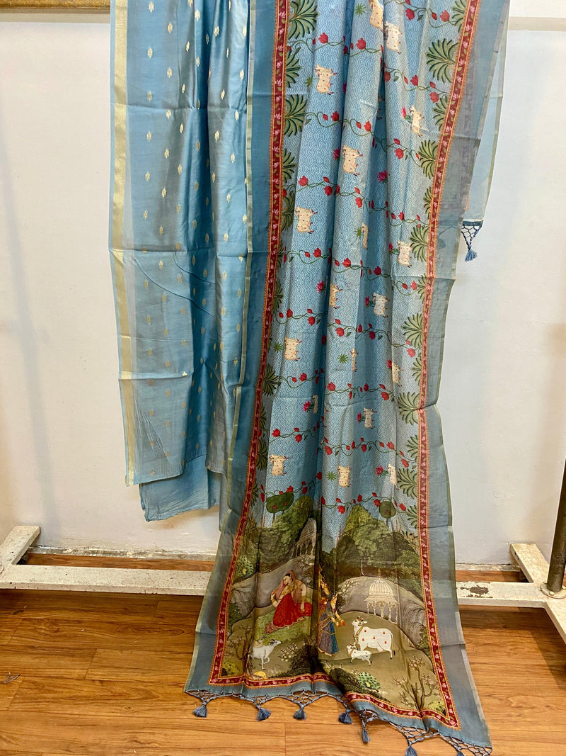 Blue Banarasi Pure cotton handloom 3 pcs suit set by MBSOB - banarasi - banarasi saree shop