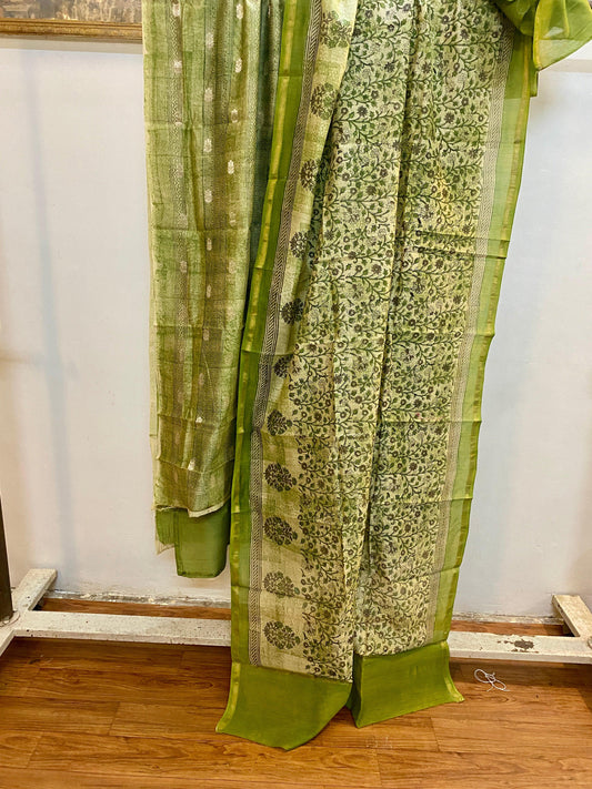 Green Banarasi Pure cotton handloom 3 pcs suit set by MBSOB - banarasi - banarasi saree shop