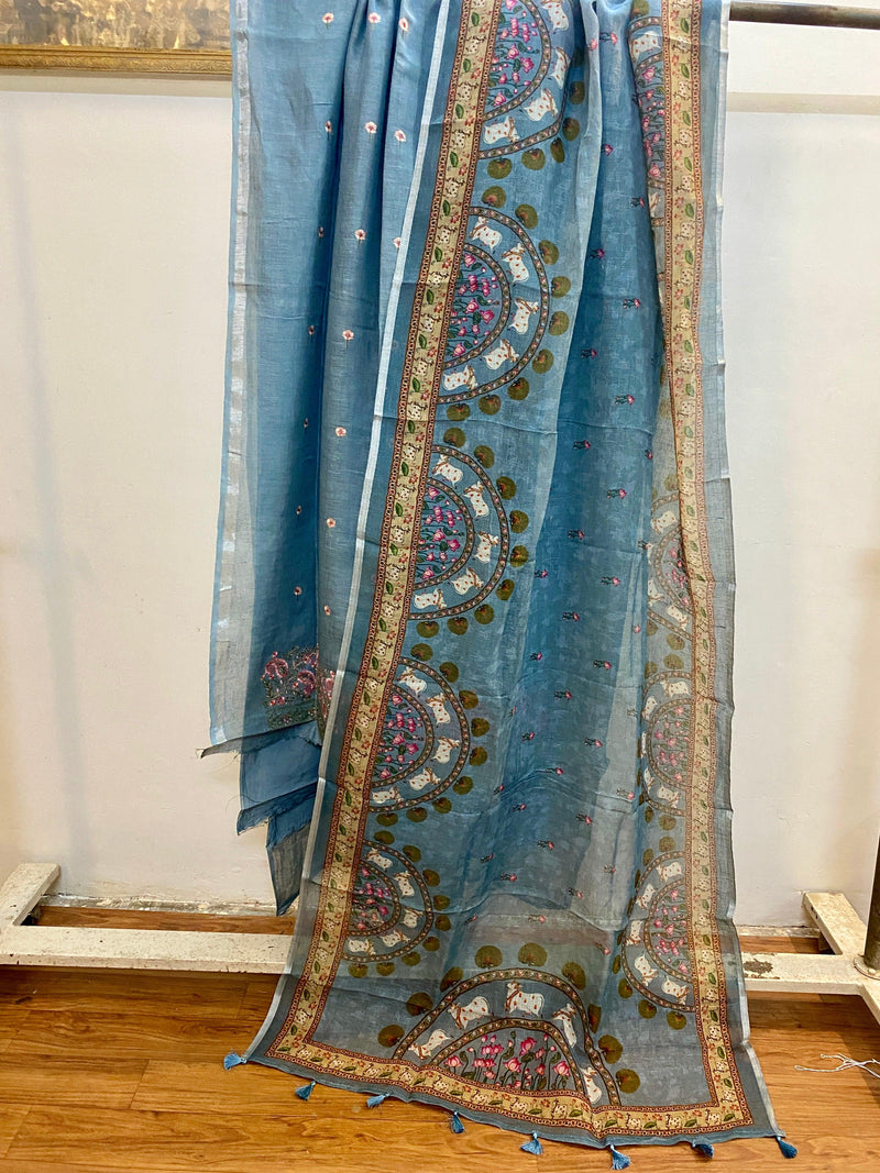 Blue Pure Linen handloom 3 pcs suit set - Shades Of Benares