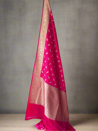 Rani Pink Pure Silk Banarasi Saree with Tanchui Weave & Bird Motifs by Shades Of Benares - banarasi - banarasi saree shop - banarasi saree manufacturers - banarasi saree wholesale - banaraasi sarees
