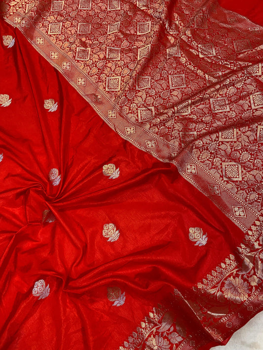 Red Handloom Crepe Butter Silk Banarasi Sari by Shades Of Benares - banarasi - banarasi saree shop