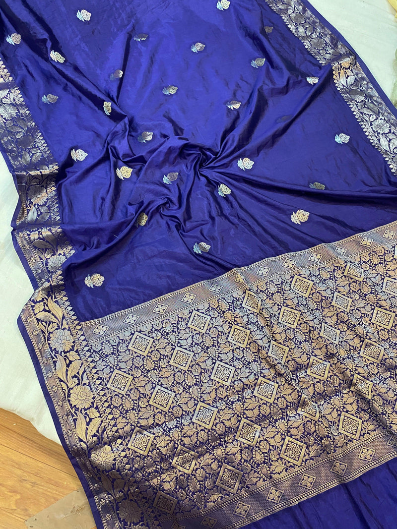 Royal Blue Handloom Crepe Butter Silk Banarasi Sari by Shades Of Benares - banarasi - banarasi saree shop