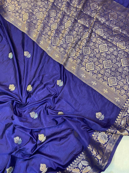 Royal Blue Handloom Crepe Butter Silk Banarasi Sari by Shades Of Benares - banarasi - banarasi saree shop