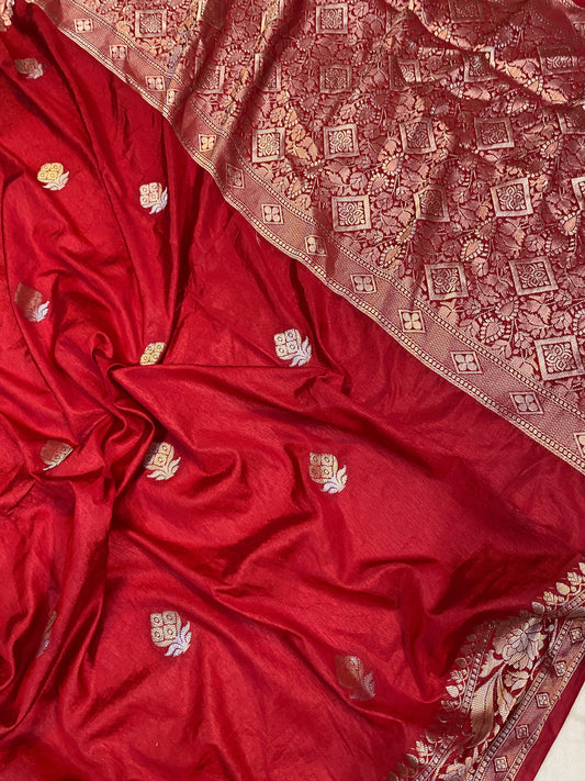 Red Handloom Crepe Butter Silk Banarasi Sari by Shades Of Benares - banarasi - banarasi saree shop