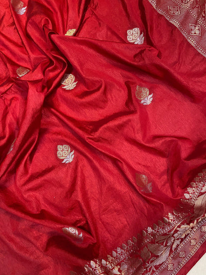 Red Handloom Crepe Butter Silk Banarasi Sari by Shades Of Benares - banarasi - banarasi saree shop