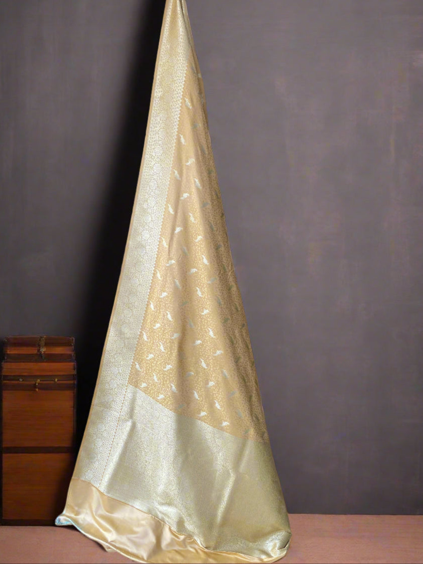Beige Pure Silk Banarasi Saree with Tanchui Weave & Bird Motifs by Shades Of Benares - banarasi - banarasi saree shop - banarasi saree manufacturers - banarasi saree wholesale - banaraasi sarees