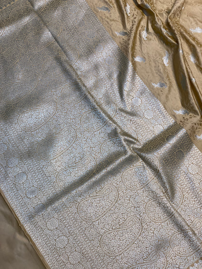 Beige Pure Silk Banarasi Saree with Tanchui Weave & Bird Motifs by Shades Of Benares - banarasi - banarasi saree shop - banarasi saree manufacturers - banarasi saree wholesale - banaraasi sarees