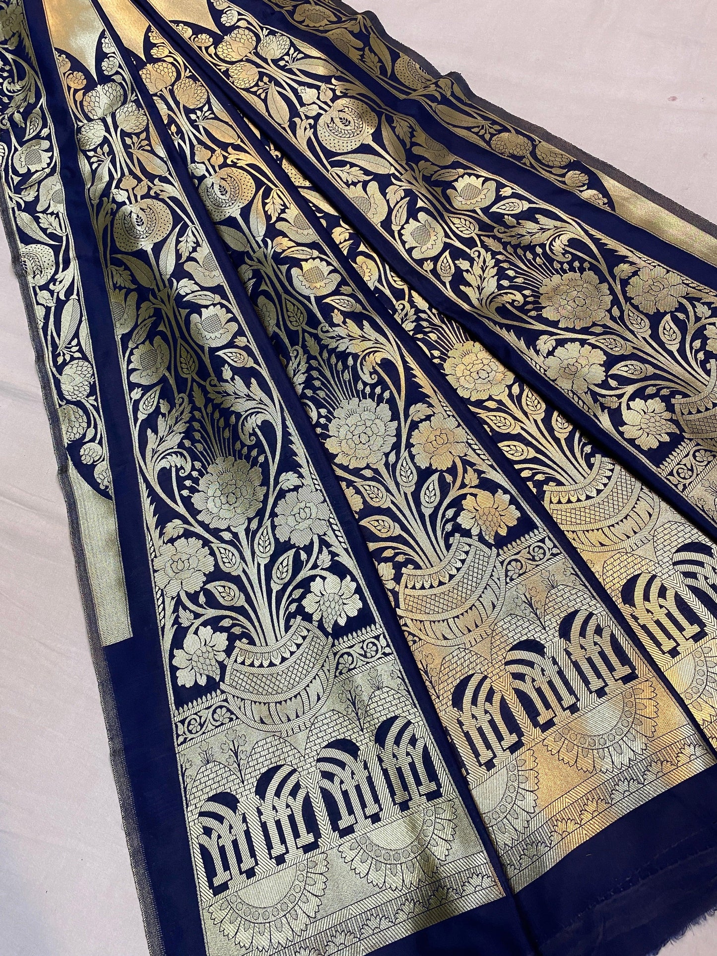 Navy Blue Banarasi Katan Silk Handloom Lehenga by Shades Of Benares - banarasi - banarasi saree shop