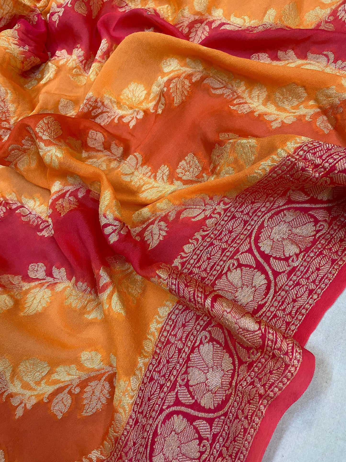 Orange Rangkaat Pure Khaddi Georgette Banarasi Sari by Shades Of Benares - banarasi - banarasi saree shop