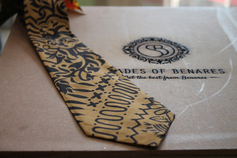 Stylish brown designer Banarasi silk neck tie with hand printed pattern by Shades of Benares.