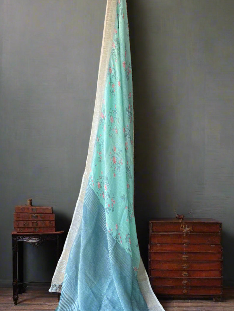 Mint Green Pure Linen Saree With Light Red Floral Print by Shades Of Benares - banarasi - banarasi saree shop - banarasi saree manufacturers - banarasi saree wholesale - banaraasi sarees