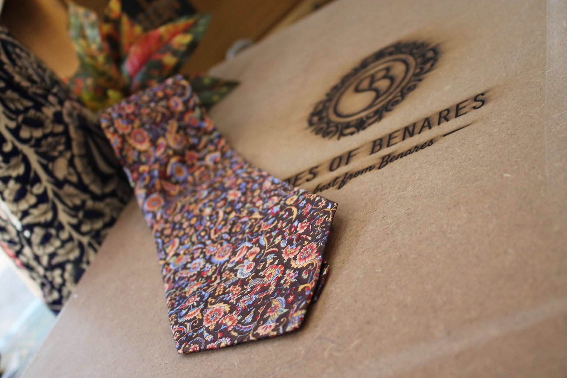 Elegant Brown Floral Banarasi Pure Raw Silk Neck Tie - Limited Edition by Shades Of Benares - banarasi - banarasi saree shop