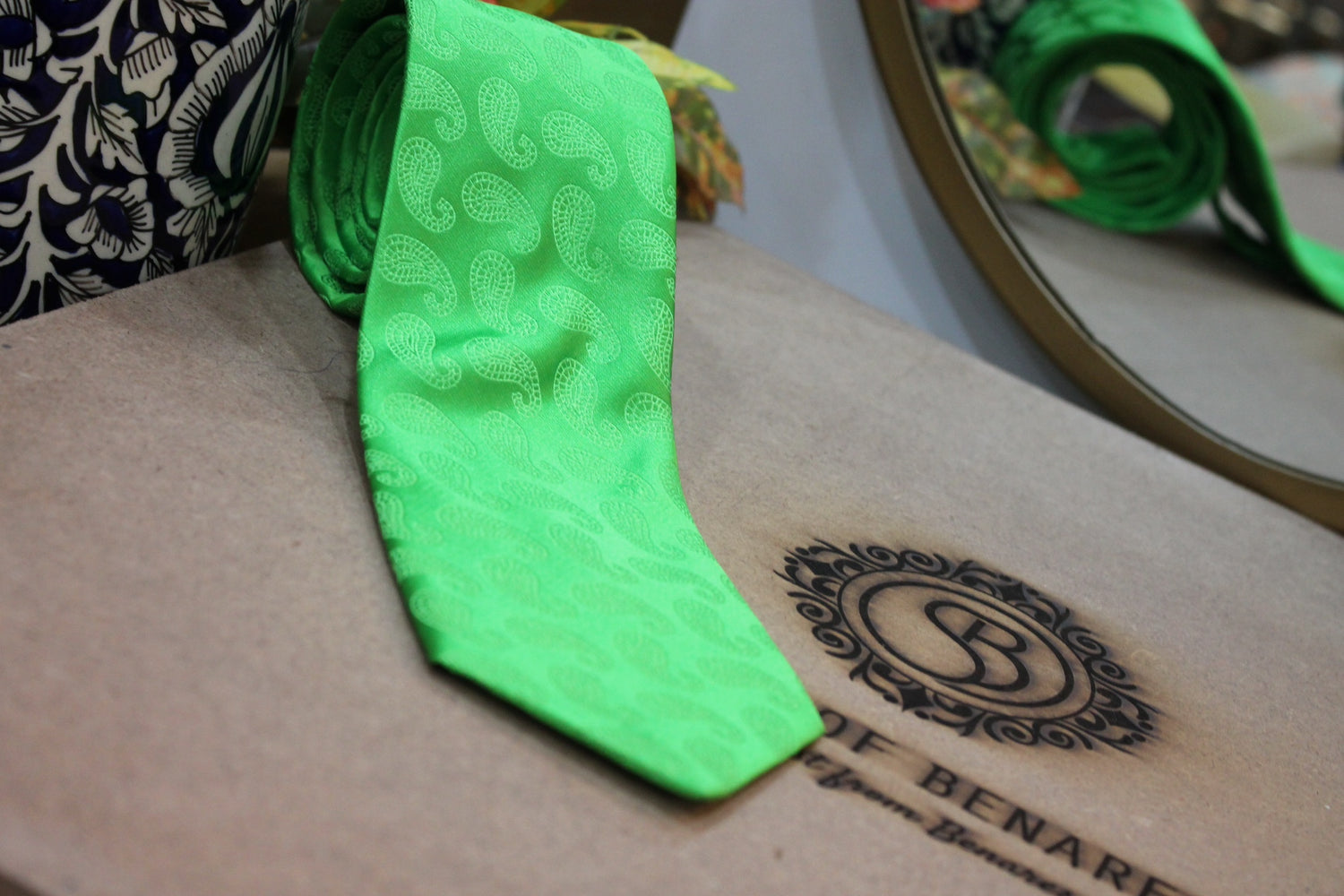 Vibrant Bright Green Self-Weave Pure Banarasi Satin Silk Neck Tie by Shades Of Benares - banarasi - banarasi saree shop - banarasi saree manufacturers - banarasi saree wholesale - banaraasi sarees